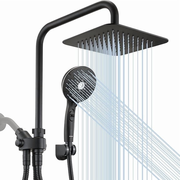Dual Shower Head Combo, 8'' High Pressure Rain Shower Head with Handheld Spray, 6 Settings Handheld Showerhead, 15" Height Adjustable Slide Bar, Angle Adjustable, Matte Black