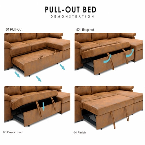 88.5" Convertible L-Shaped Pull-Out Sectional Sofa Bed with Storage Chaise & Soft Padded Armrests, Foil Fabric Upholstery, Light Brown