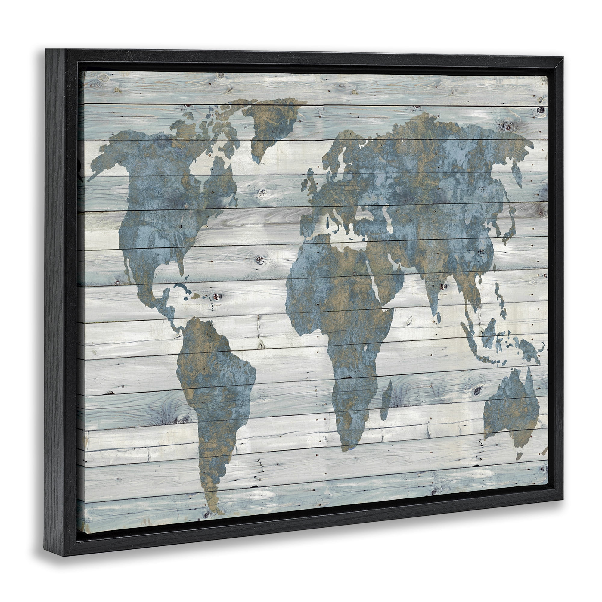 Stupell Industries Slate Blue & Tan World Map Town & City Painting Black Floater Framed Canvas Art Print Wall Art, 21 x 17