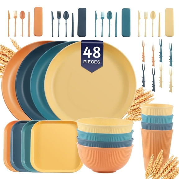 Soulgenix Wheat Straw Dinnerware Sets, 48 Pcs Unbreakable Dinnerware Sets for 4, Microwave Dishwasher Safe, Colorful
