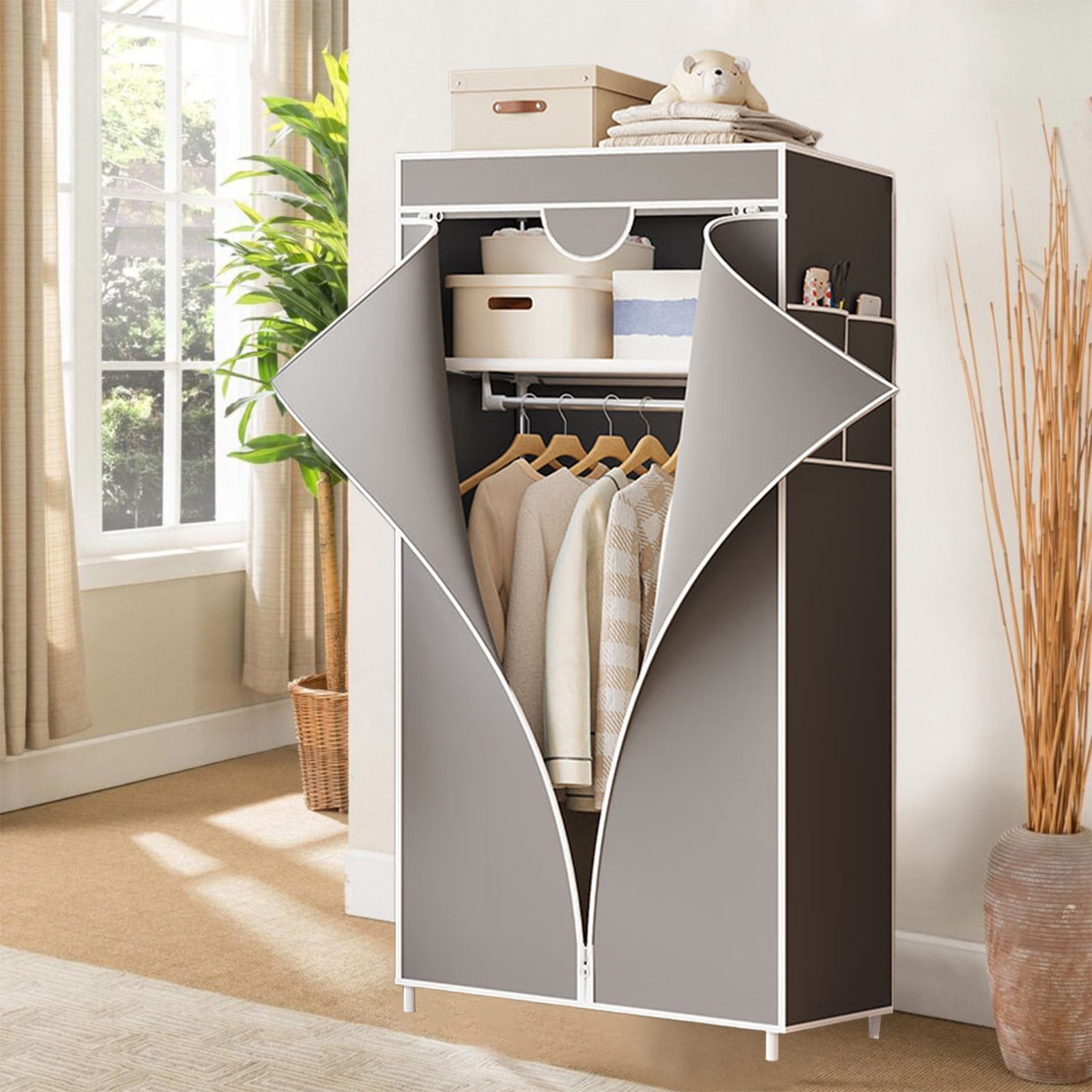 Freestanding Closet Organizer | Portable Wardrobe Storage Cabinet with Non-Woven Cover | 57.48X22.44X17.32In for Bedroom, Clothes, Shoes & Bags