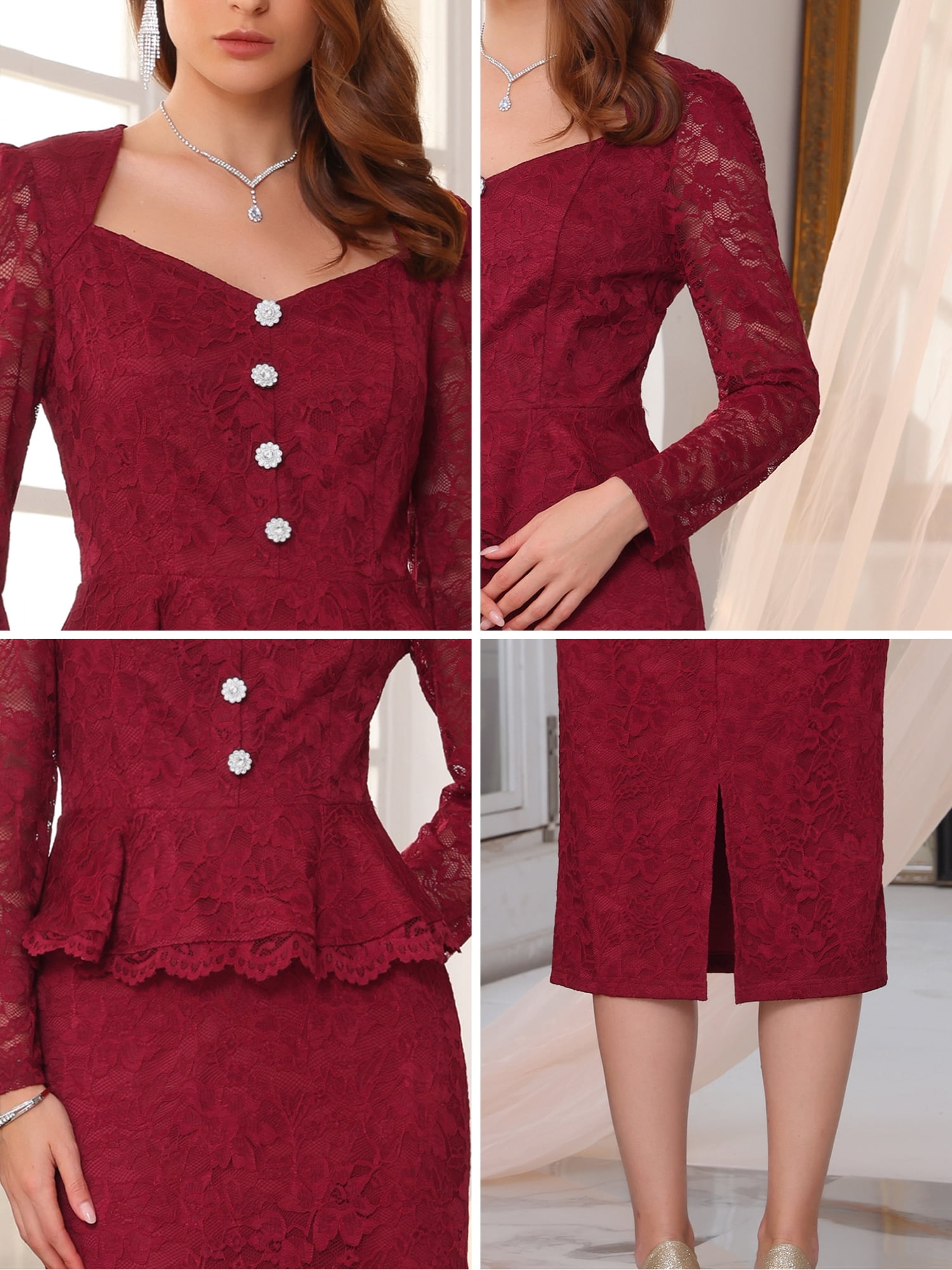 DARING DIVA 2Pcs Women's Outfits Peplum Top Wedding Cocktail Skirt Set M Burgundy
