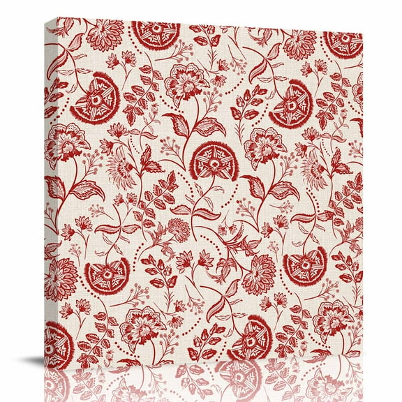 Canvas Print Wall Art Oil Paintings Ethnic Red Flower Leaves Texture Picture Prints Artwork for Living Room Kitchen Bathroom Bedroom,Stretched and Framed Ready to Hang,Farm Pastoral Plant on Burlap