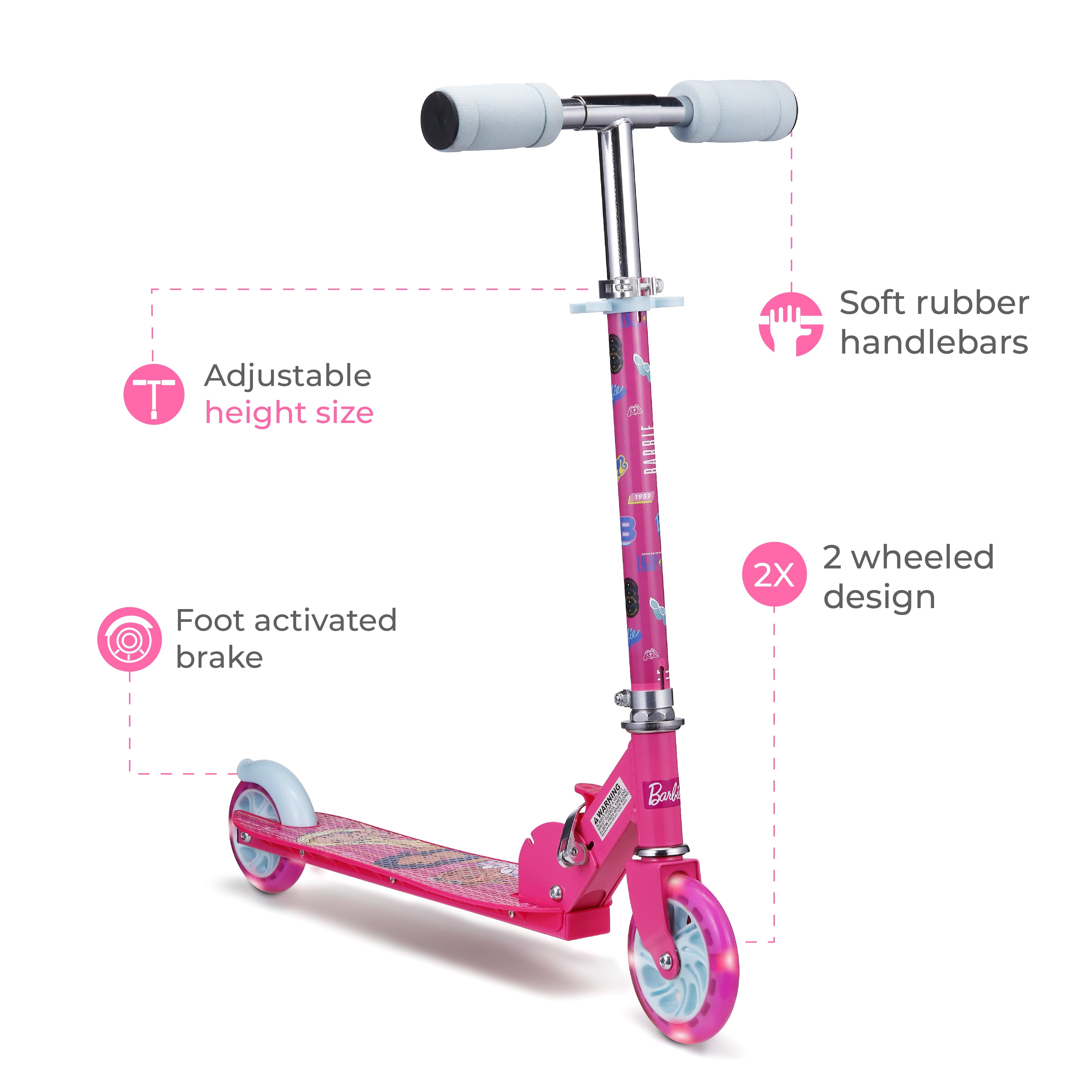 Barbie 2-Wheel Light-Up Kick Scooter for Kids, Pink, Foldable
