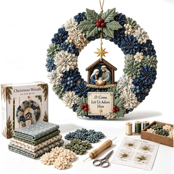 Christmas Wreath, 3D Fabric Poke Wreath DIY Kit, DIY Punch Needle Craft Kits for Adults (Nativity)