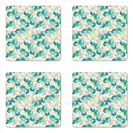 

Flower Coaster Set of 4 Floral Pattern with Rose Vintage Inspired Watercolor Style Print Pastel Square Hardboard Gloss Coasters Standard Size Turquoise Beige Green by Ambesonne