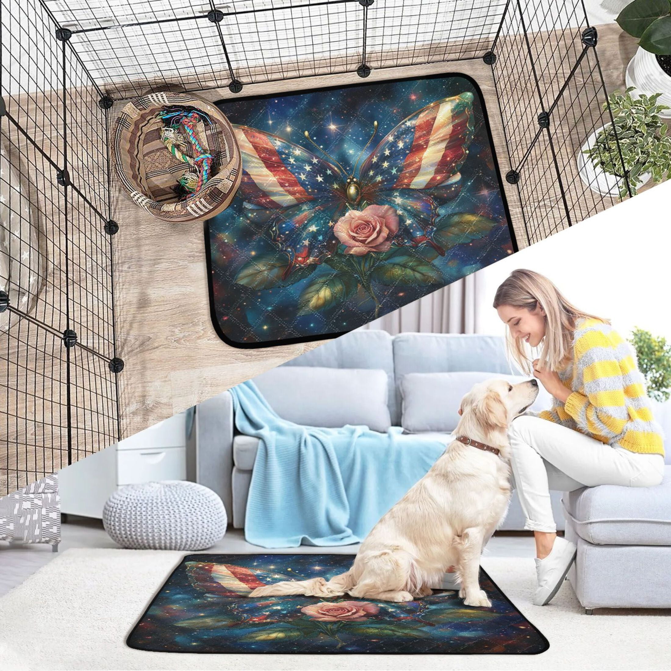 Qxltty American Flag Butterfly Cat litter Pads Pet Set of 3 Diaper Mats Center Anti-leakage Layer Absorbent Soft and Comfortable