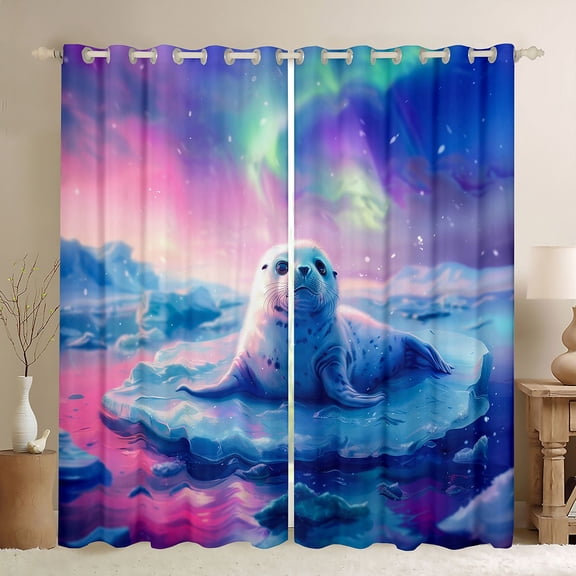Manfei Cute Seal Black Out Curtains for Kids Boys and Girls, Arctic Aurora Curtains Pack of 2 (42x63 Each)