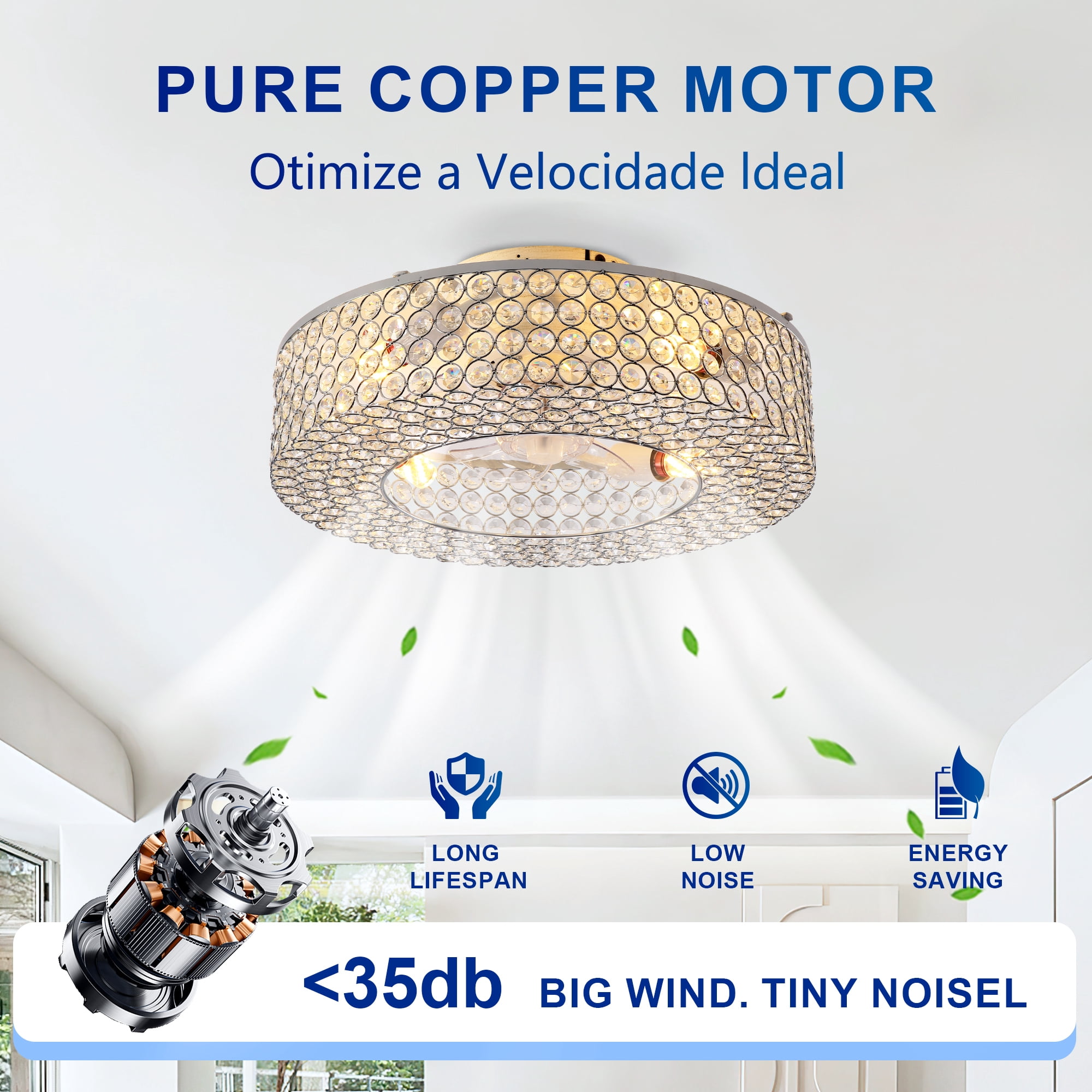 Leumius 19.6" Crystal Ceiling Fans with Light and Remote Control, Chandelier Fan 6 Speed DC Motor Reversible Ceiling Fan for Living Room Bedroom (NOT Included Bulbs)