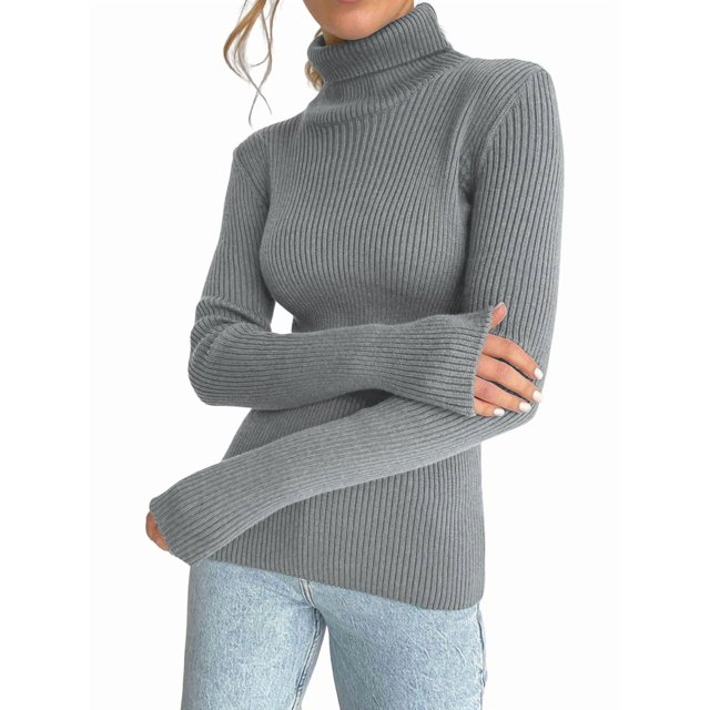 Suéteres Acanalados para Mujer, Lindos Suéteres de Punto de Cuello Alto, Ajustados y Cálidos Gris un Tamaño