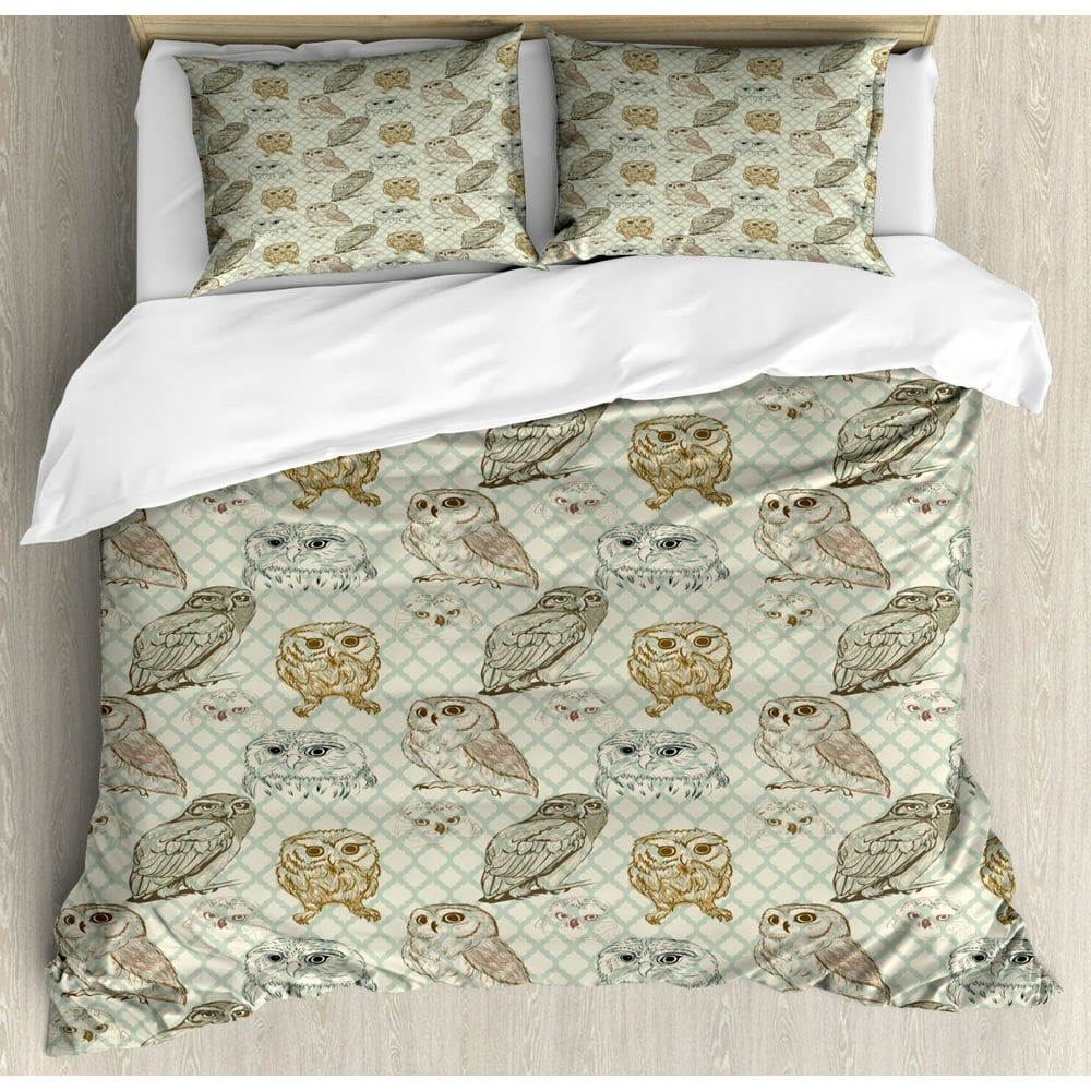 Owl Duvet Cover Set, Cool Looking Owls Different Shapes and Sizes