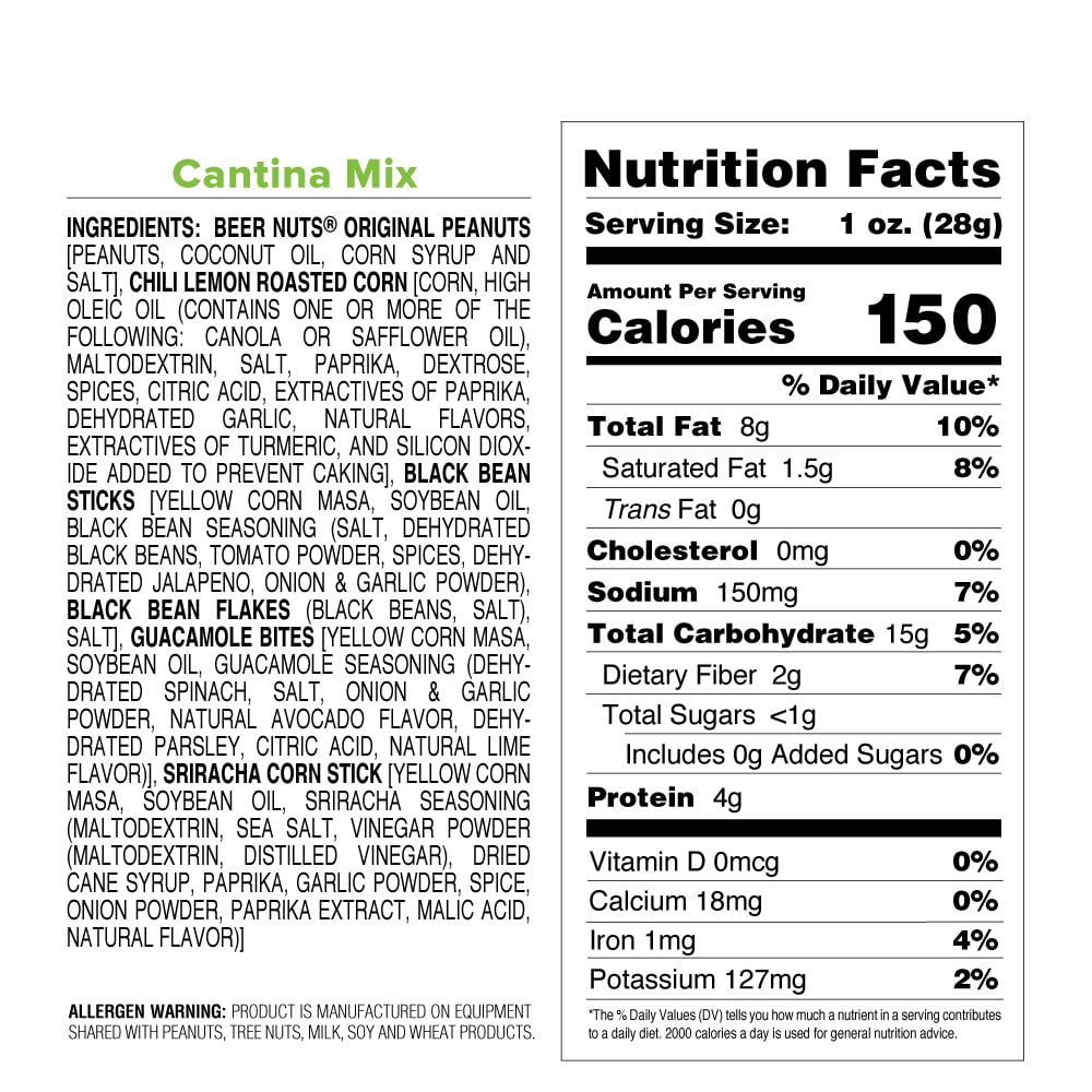BEER NUTS Cantina Mix - 32 oz. Resealable Bag, Original Peanuts, Chili Lemon Roasted Corn, Black Bean Sticks, Guacamole
