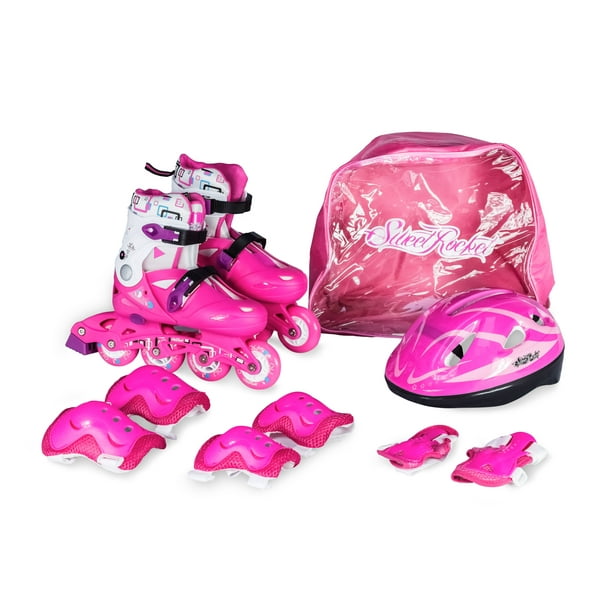 Combo patines con mochila y protecciones de regalo, modelo Junior rosa M ajustable de talla 22 a 24 Sweet Rocket Junior