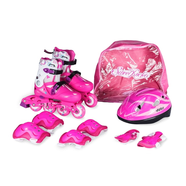 Combo patines con mochila y protecciones de regalo, modelo Junior rosa M ajustable de talla 22 a 24 Sweet Rocket Junior