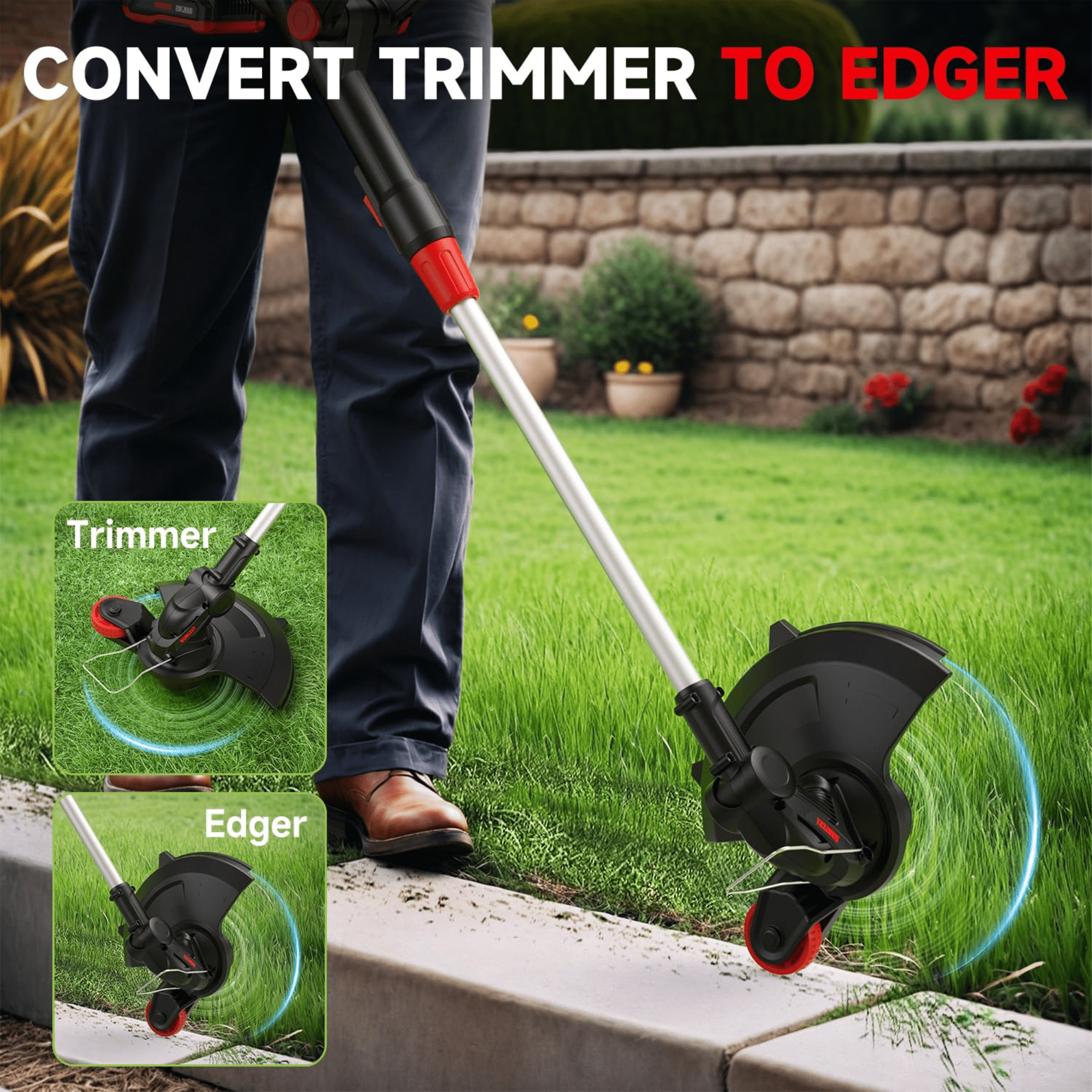 String Trimmer Cordless with Auto Feed,20V Battery Powered 13" Edger and Weed Trimmer,2 in 1 Electric Grass Trimmer,2.5Ah Battery and Fast Charger Included (Black)