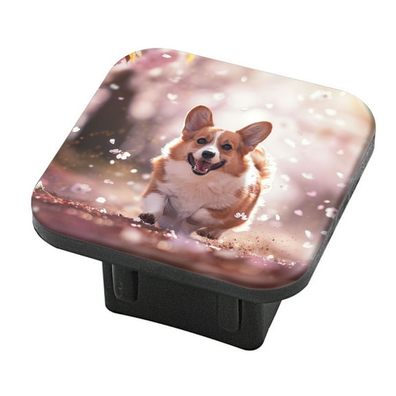 Hitch Cover Fits For 2-Inch Hitch,Happy Corgi Dog Running Through Cherry Blossom Forestrubber Trailer Hitch Cover Tube Plug Insert,Car Exterior Accessories, Receiver Tube Hitch Plug
