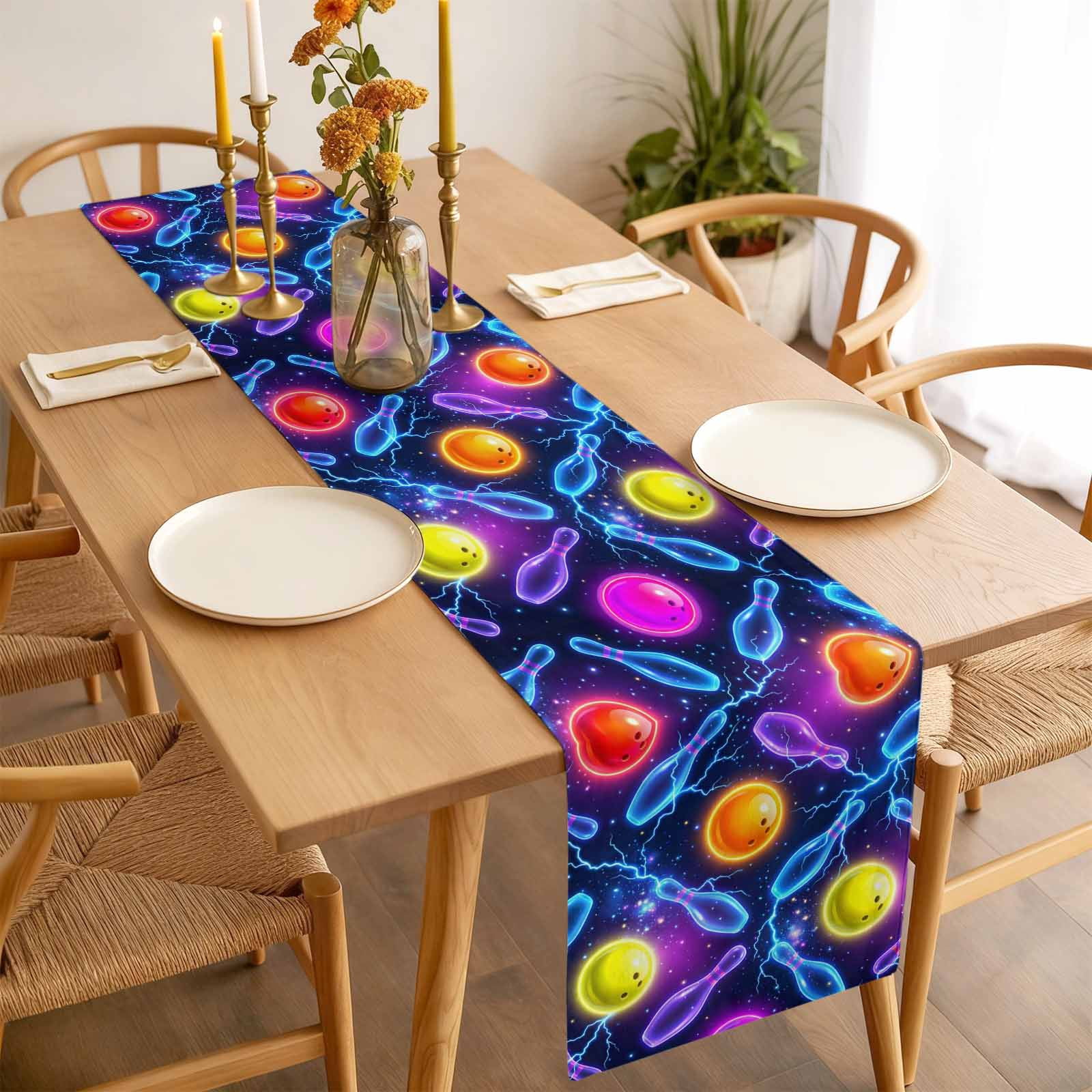 Bowling Table Runner 16 x 72 Inch, Purple Blue Yellow Bowling Balls Bottles Sports Black Washable Cotton Linen Dining Table Runner Tabletop Decorations for Restaurant Home Kitchen Party