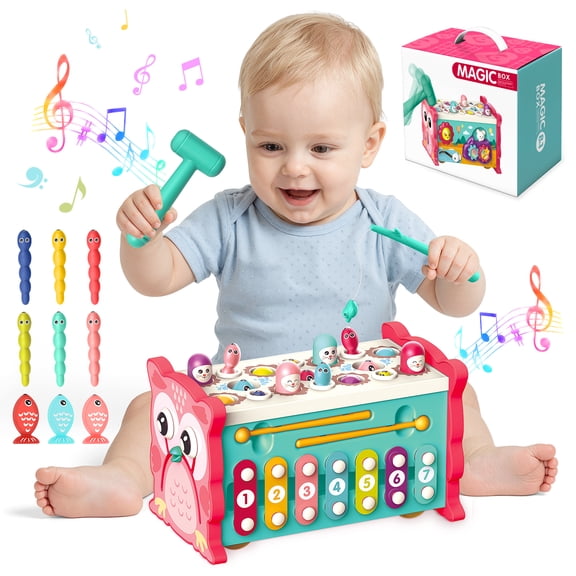 Beefunni Montessori Toys for Toddlers, Whack-A-Mole Toy with Pounding Bench, Fishing, Xylophone, Montessori Musical Educational Preschool Toys for Toddlers 1 - 3 Years Old