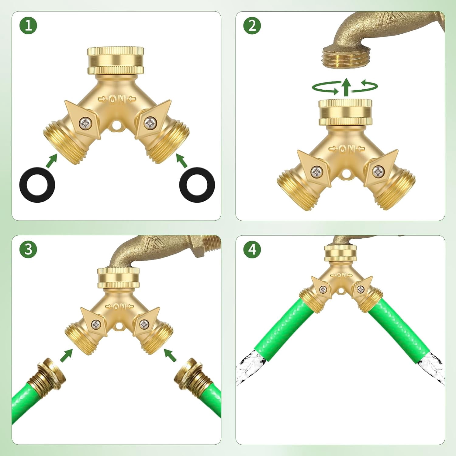 MKEUDQ-Brass Hose Splitter Y Connector Durable Brass Water Pipe Splitter with Shutoff Valve Adjustable Flow Rubber Gasket Leak Proof 3/4 Inch Garden Hose Attachment (1)