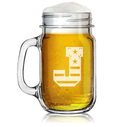 Mason Jar Glass 16 oz American Flag Letter Monogram (J)