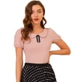 thumbnail image 1 of Top de blusa con decoración de lazo elástico de manga corta con cuello plano para mujer Rosa XL, 1 of 6