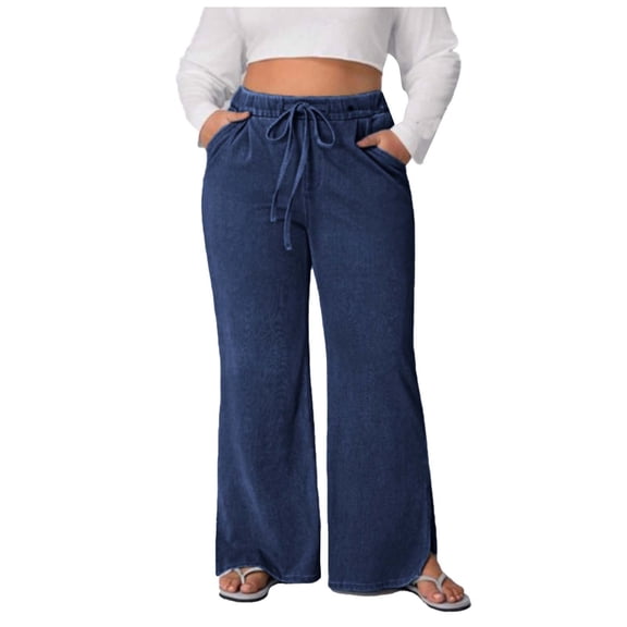 Women Loose Plus Size Casual Denim Pants High Waisted Drawstring Straight Leg Trousers Jeans with Pockets