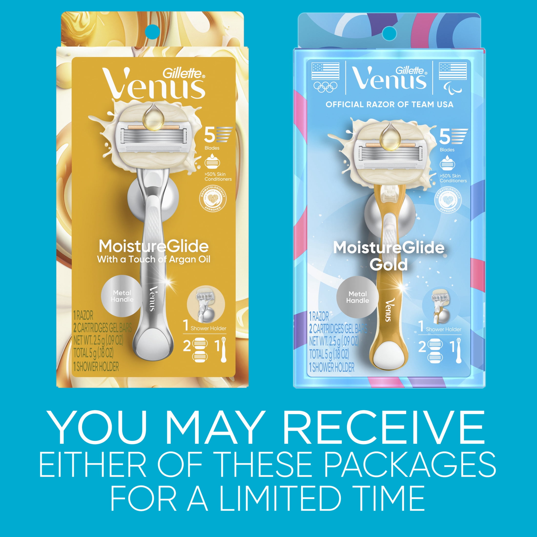 Gillette Venus MoistureGlide Gold Women's Razor Handle + 2 Blade Refills, includes Shower Holder