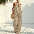thumbnail image 4 of Evdexr Linen Sets for Women 2 Piece Sleeveless V Neck Tops Wide Leg Pants Outfit Set Boho Casual Vacation Beach Lounge Suits with Pockets Beige XL, 4 of 8