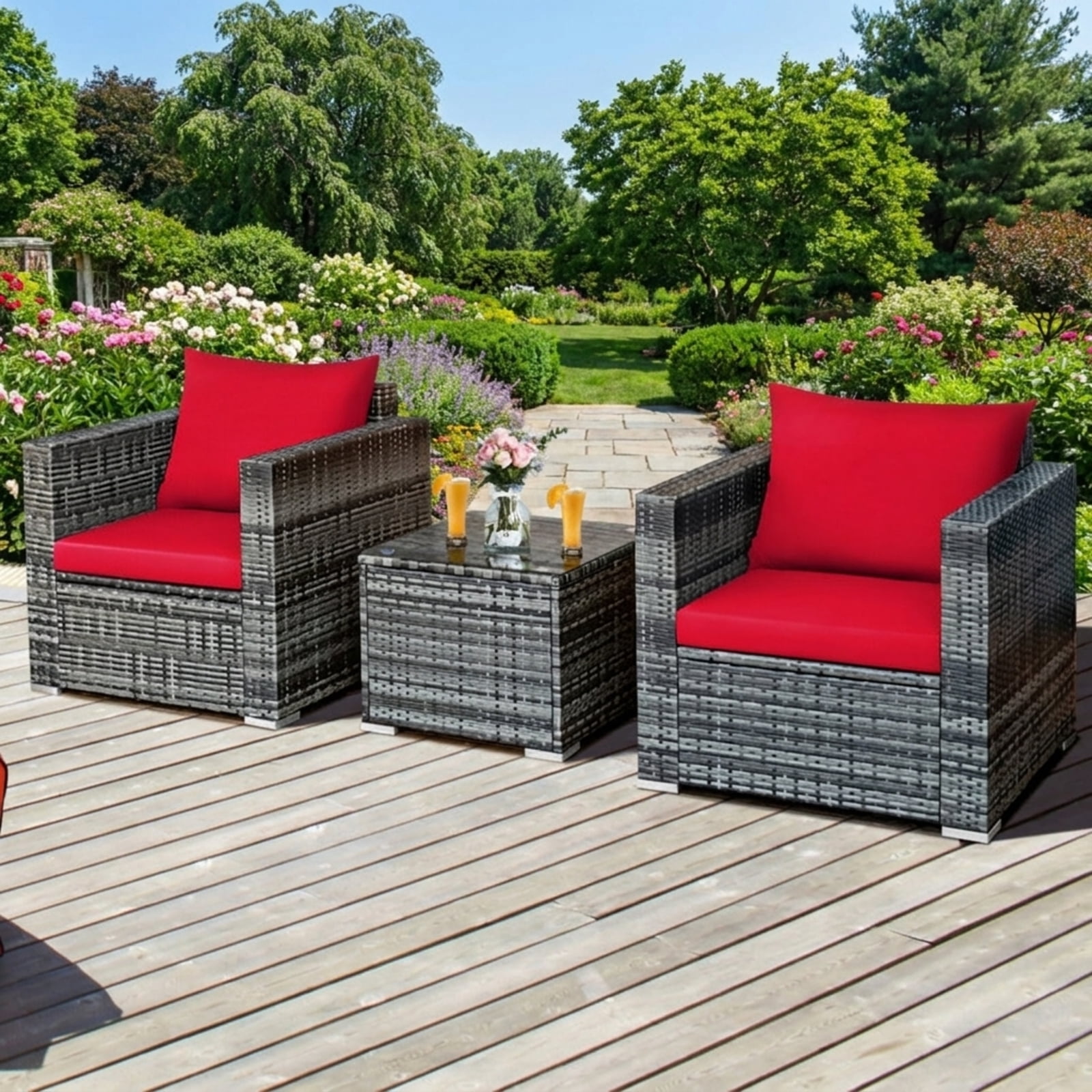 Biotree Patio Furniture Set 3 Pcs Rattan Outdoor Bistro Conversation Set with Cushioned Sofas and Coffee Table for Garden Backyard Porch, Red