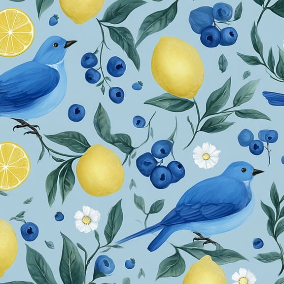 Peel and Stick Wallpaper Blue Birds Lemons Blueberries Light Blue Wall Mural 17.7in x 9.8ft Self Adhesive Removable Wall Paper Renter Friendly Wallpaper for Nursery Bedroom Cabinets