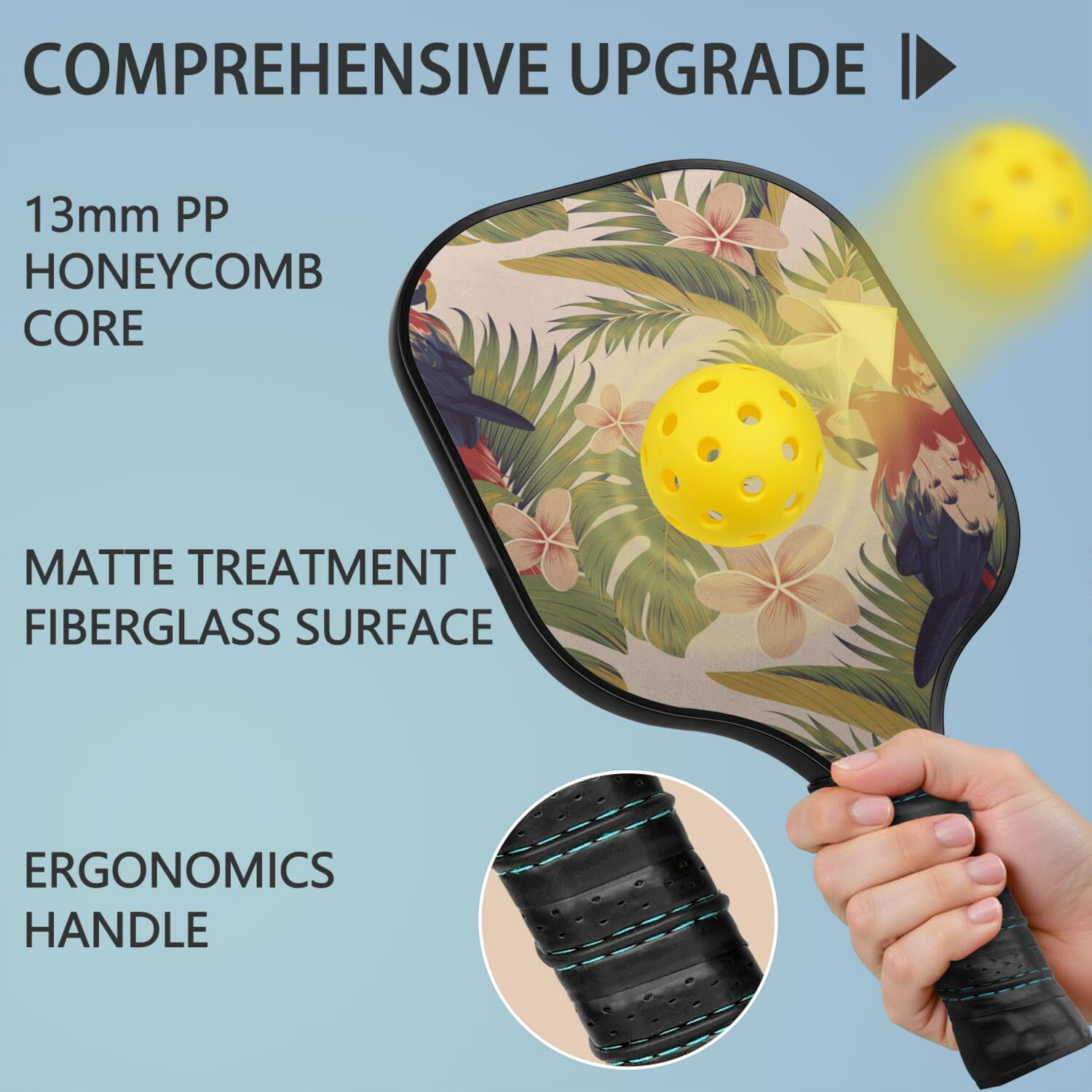 Pickleball Paddles Set Of 2, Fiberglass Surface, Tropical Jungle Print, 4 Balls & Bag