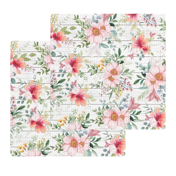 Pink Floral Kitchen Dish Towels for Drying Dishes Set of 2, Spring Pastoral Botanical Leaves Wooden Waffle Weave Microfiber Hand Tea Bathroom Towels Quick Dry & Absorbent Towel 12x12