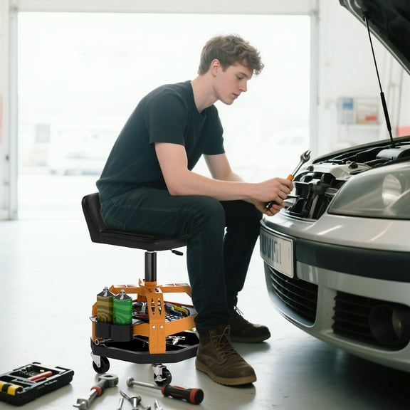HOMCOM Rolling Mechanic Stool, 300 LBS Capacity Garage Stool with Wheels, Backrest, Tool Tray Storage, Yellow