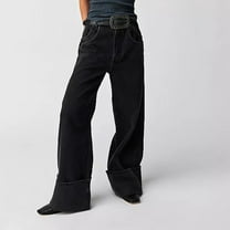 Byworldtasic Womens Jeans Womens Boyfriend Wide Leg Casual Denim Pants, Mid Rise Cuffed Hem Baggy Jeans Streetwear Fashion Trousers with Pockets Dark Gray