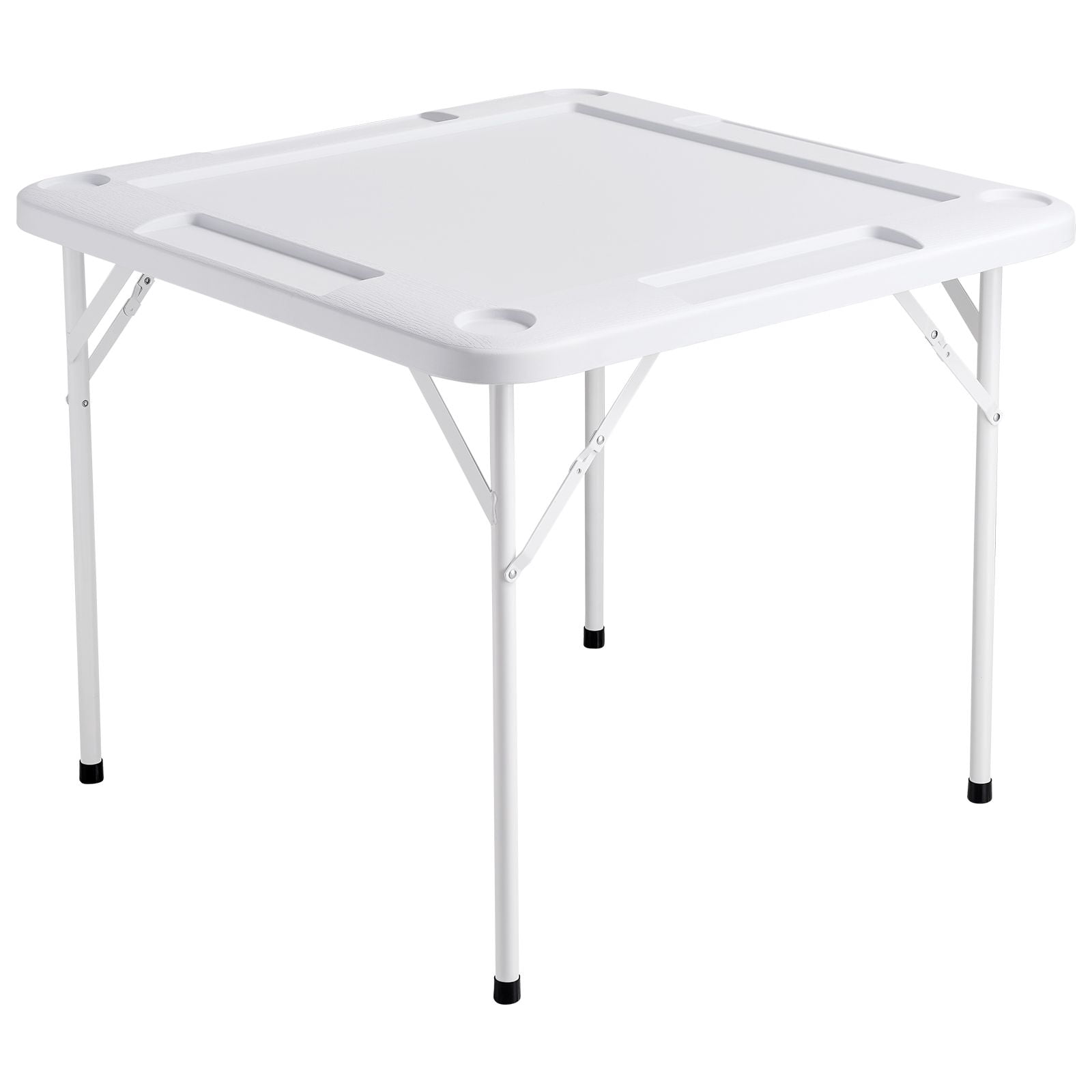 Mahjong Table, Square 4 Player Folding Card Table with 4 Cup Holders & 4 Chip Trays, Portable Domino Game Table with 1 Set of Dominoes for Mahjong Poker Puzzles, 35.4 x 35.4-inch, White