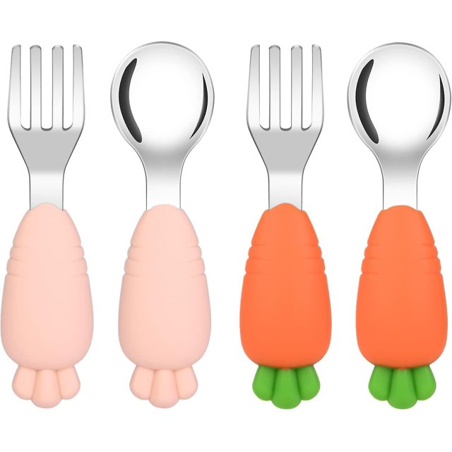 Juego de tenedor y cuchara para bebé, 4 piezas de tenedor y cuchara para niños, de acero inoxidable de fácil agarre, perfecto para el aprendizaje de los niños pequeños