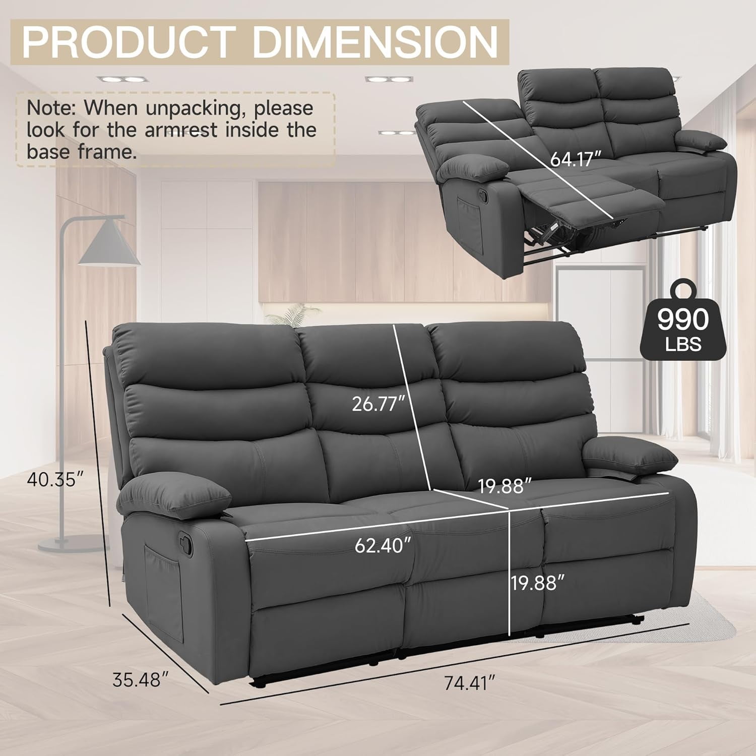 Chizzysit Loveseat Recliner Sofa Set, Small Leather Couch 3-Seater Manual Seater Recliner, Triple Recliner Chair for Living Room, RV, Home Theater Seating - Drak Gray