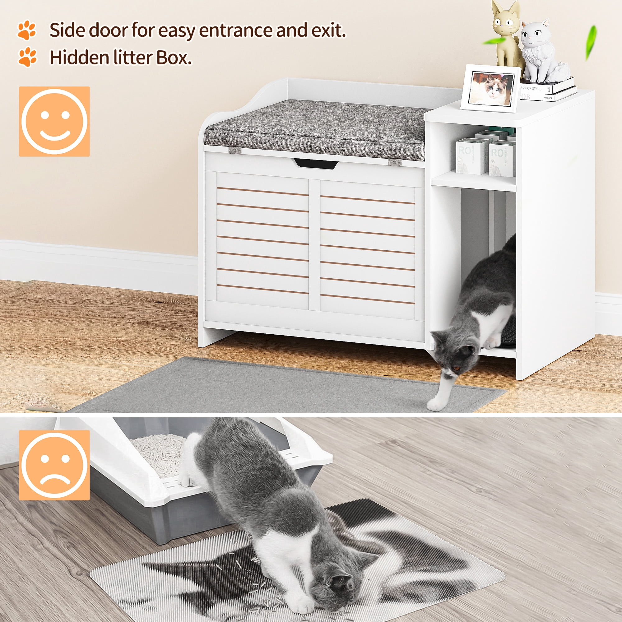 AOILE Cat Litter Box Enclosure – Hidden Litter Box Cabinet with Top Opening, Cushion, and Storage | Stylish Privacy Cat Litter Furniture