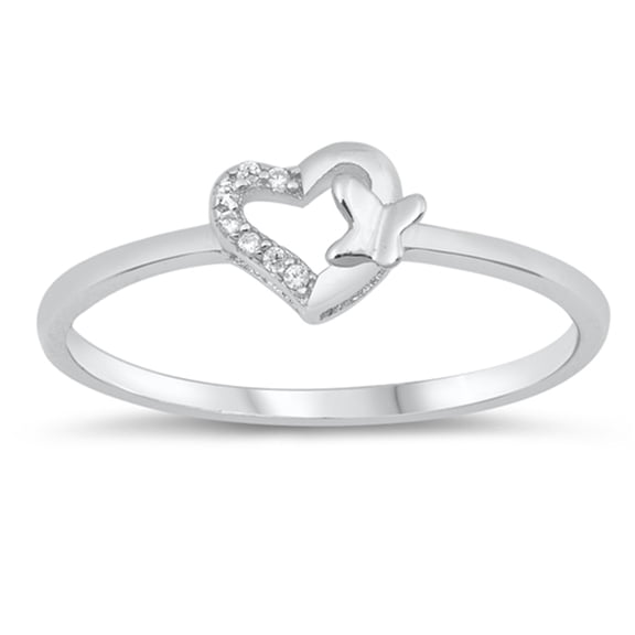 Clear CZ Heart Butterfly Dainty Promise Ring 925 Sterling Silver Band White Female Size 4