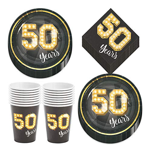 50th Birthday Party Milestone Black and Gold Showtime Paper Dinner Plates Serves 16 and Cups Napkins