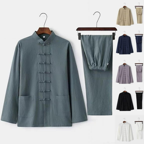 Hinvhai Mens 2 Piece Set Outfits Long Sleeve Classic Cotton Linen Chinese Style Shirt and Pants Sets Retro Loose Tai Chi Tracksuits White XL(XL)