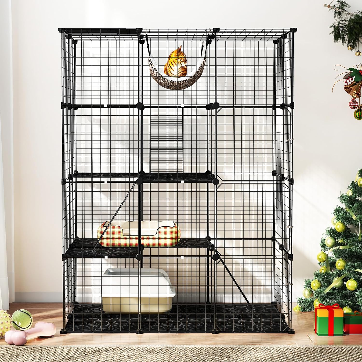 Cat Cages Indoor, 56" Large 4-Tier Cat Enclosure with Skylight, Hammock, 3 Ladders, Detachable Metal Wire Kennel with 4 Lockable Doors, DIY Cat Crate & Pet Playpen Catio for 1-4 Cats