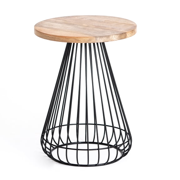 MH London Melody Solid Wood Round End Table with Metal Wire Base, Space Saving Side Table for Living Room or Bedroom, 16 x 20 in, Natural Top Gold Base