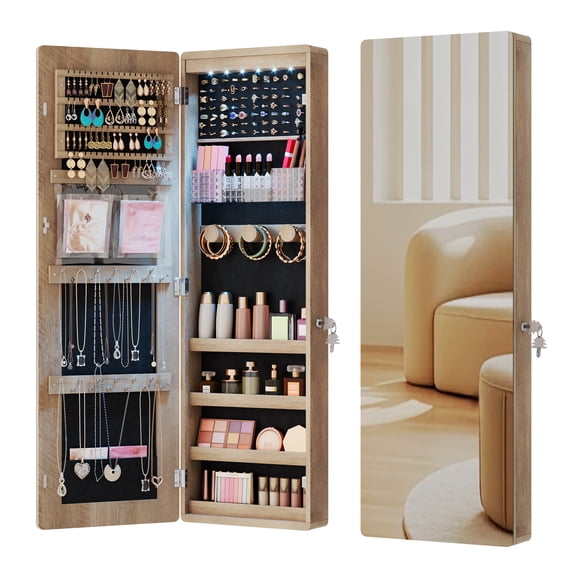 VKCC Mirror Jewelry Cabinet with Lights,Wall/Door Mount Jewelry Armoire,42.5" Mirror with Storage, Full Length Mirror Jewelry Cabinet with Lockable,Wood