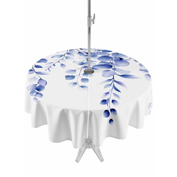 Outdoor Table Cloth with Umbrella Hole and Zipper, Blue Eucalyptus Waterproof Round Tablecloth 54 Inch, Botanical Plant Rustic Succulent Branch Washable Table Cover for Outside Party Patio Picnic