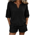 thumbnail image 3 of Women's Cotton Elastic Waist Two Piece Outfit V Neck Ruffle Short Sleeve Top with Shorts, Solid Casual Summer Set, Lounge Maternity Activewear Shorts | VerBelle,Black L, 3 of 8