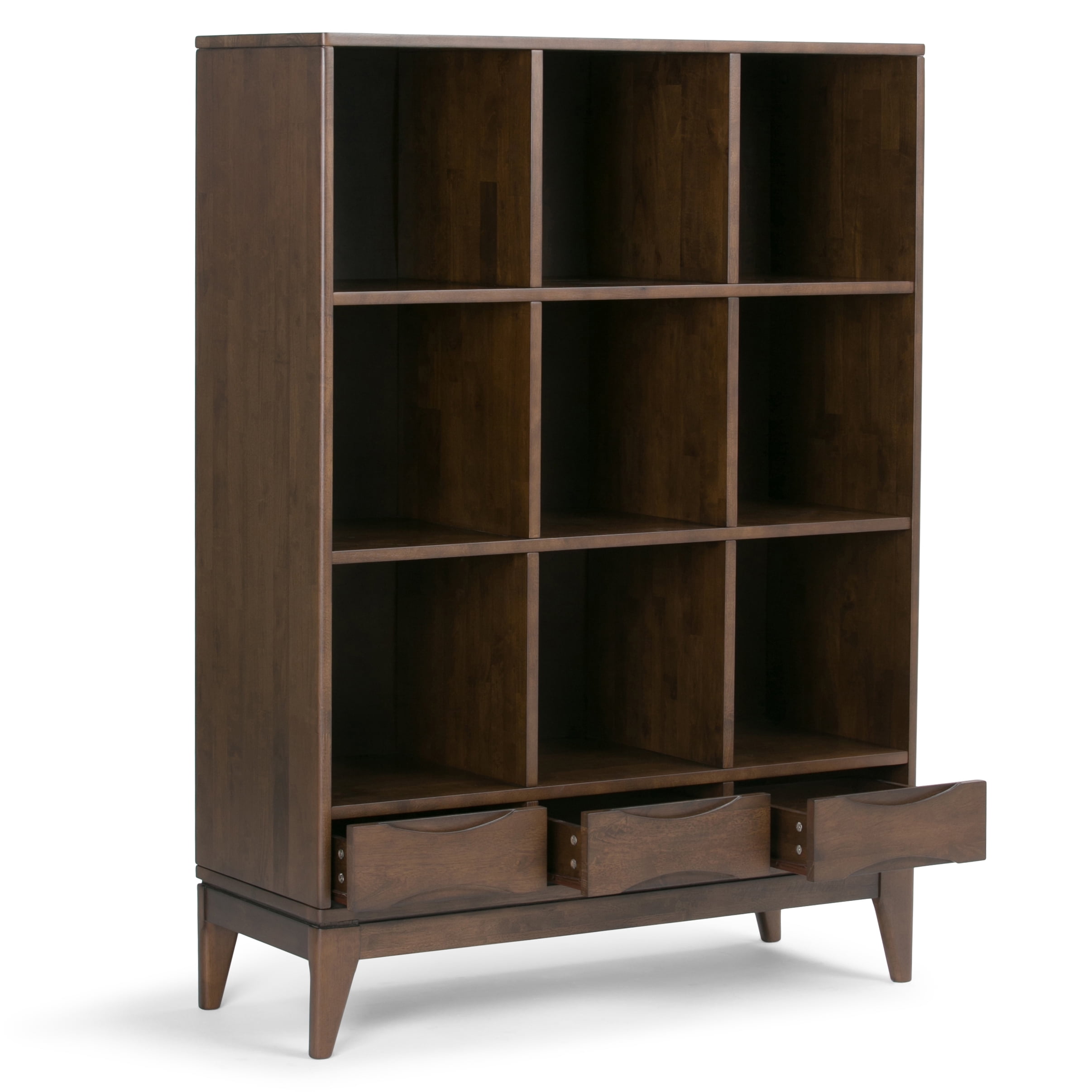 Simpli Home Harper SOLID HARDWOOD 58 inch x 42 inch Mid Century Modern Cube Storage Bookcase with Drawers in Walnut Brown
