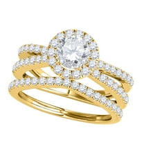 Aonejewelry 1 Carat Halo Daimond Engagement Bridal Ring Set 14K Solid Yellow Gold