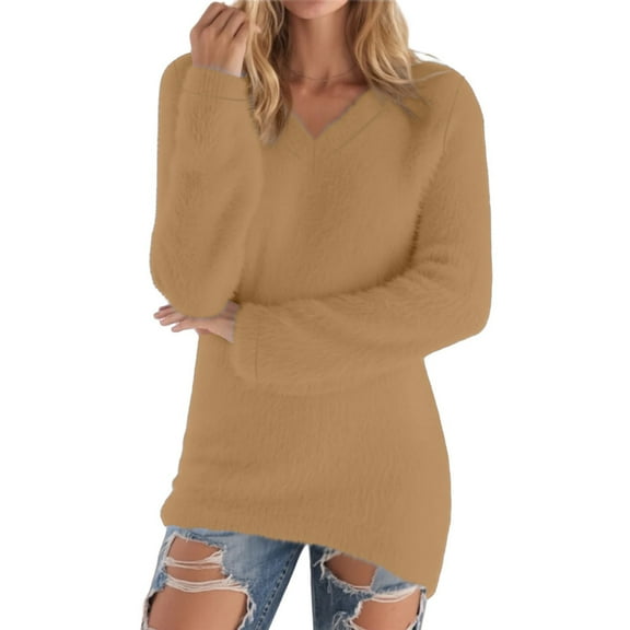 qelini Fleece Sweaters for Women Oversized Long Sleeve Pullover Tops V Neck Warm Blouses Solid Casual Winter Outwear