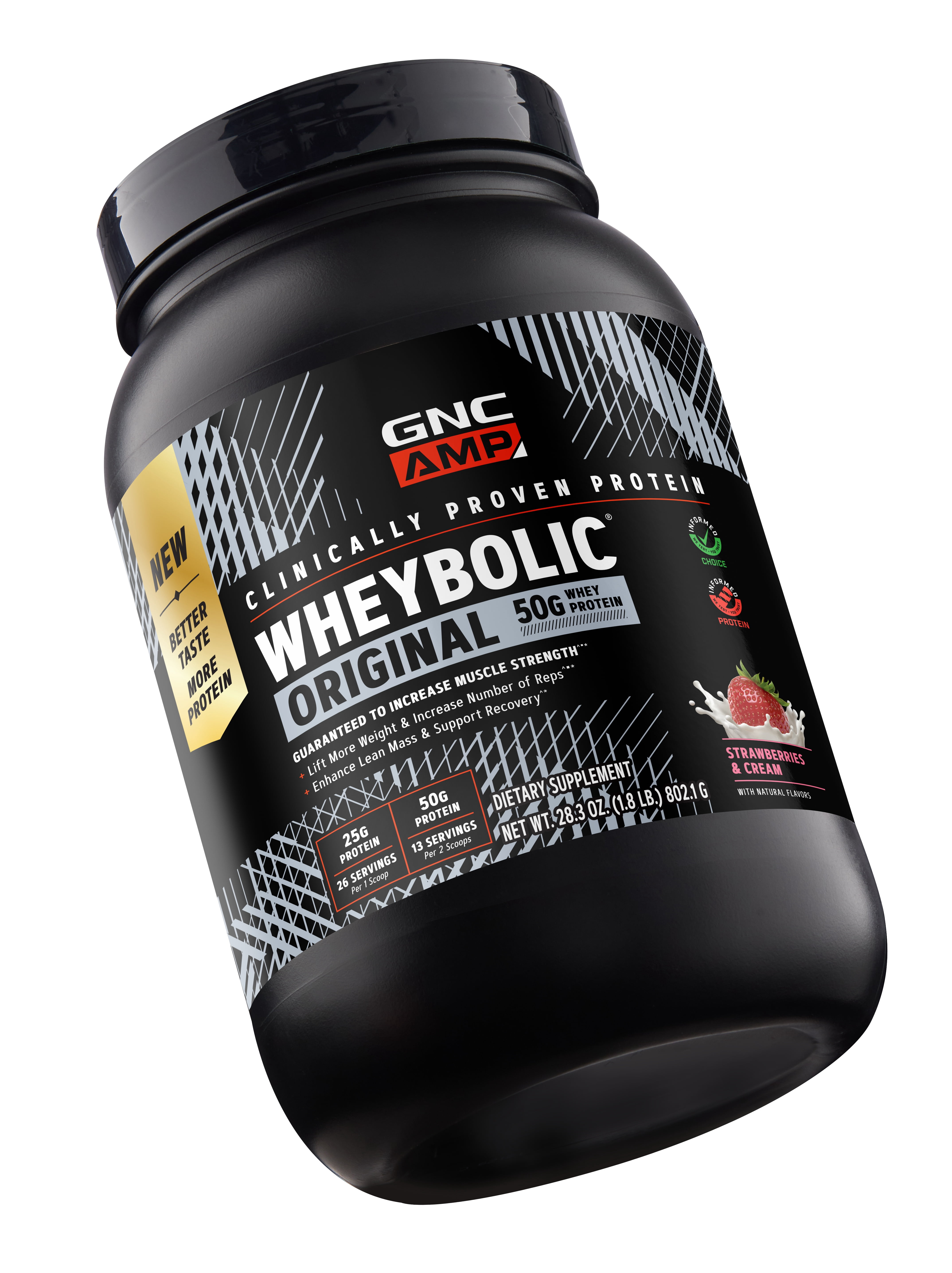 GNC AMP Wheybolic Clinically Proven Protein Powder, 50g Whey Protein, BCAA, Leucine, Increases Muscle Strength, Muscle Building, 3rd Party Tested, Gluten Free, Strawberries & Cream, 13 Servings